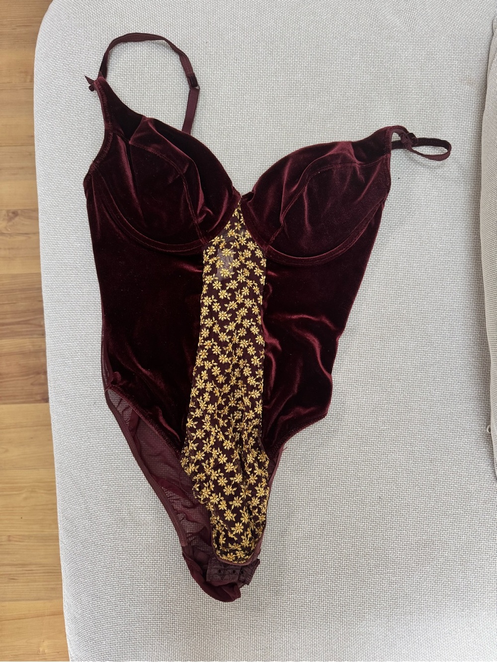 Victoria's Secret Burgundy Velvet Bodysuit with Gold Lace Panel